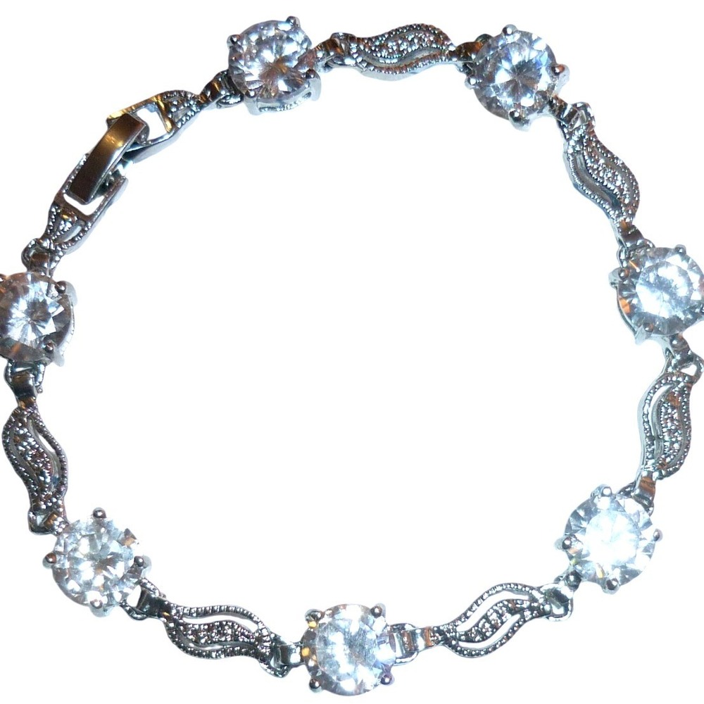 Vintage Silvertone Clear Round Rhinestone Openwork‎ Wave Link Bracelet 7.5"